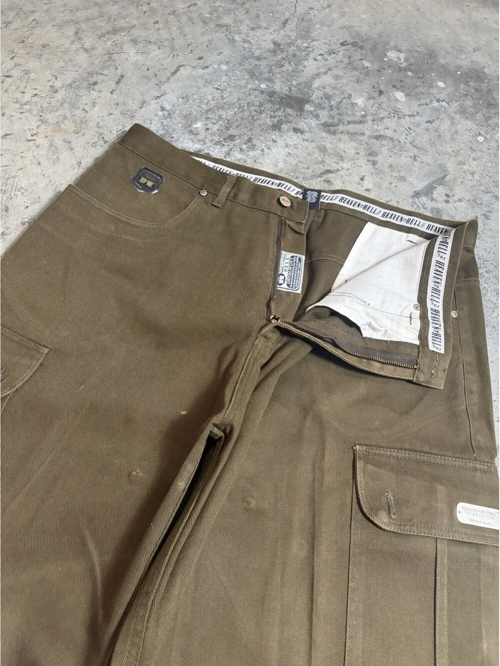 Vtg Heaven or Hell Interactive Denim Cargo Pants Sz 38x32 Brown Y2K 90s Hip Hop
